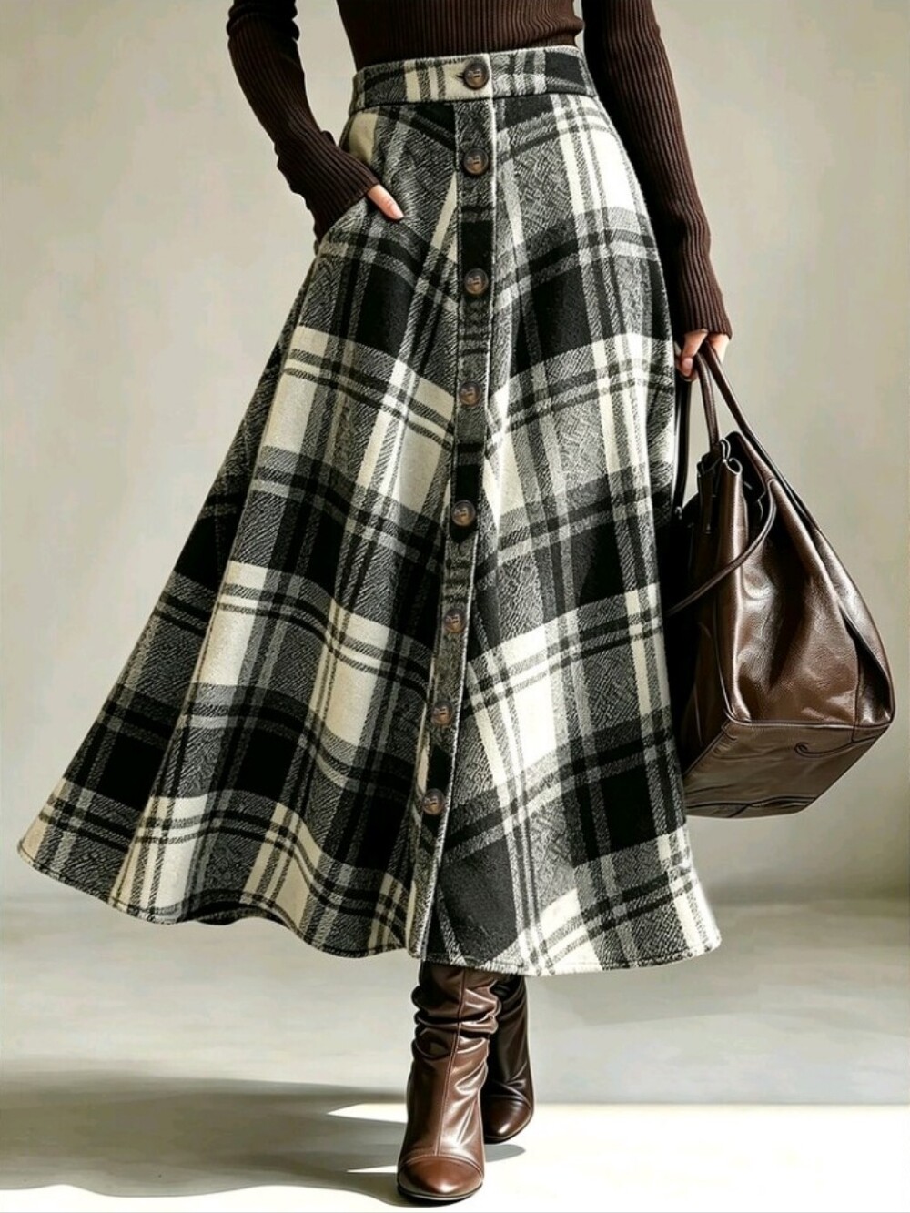 Autumn/Winter Black And White Large Plaid High Waist Front Button Slimming